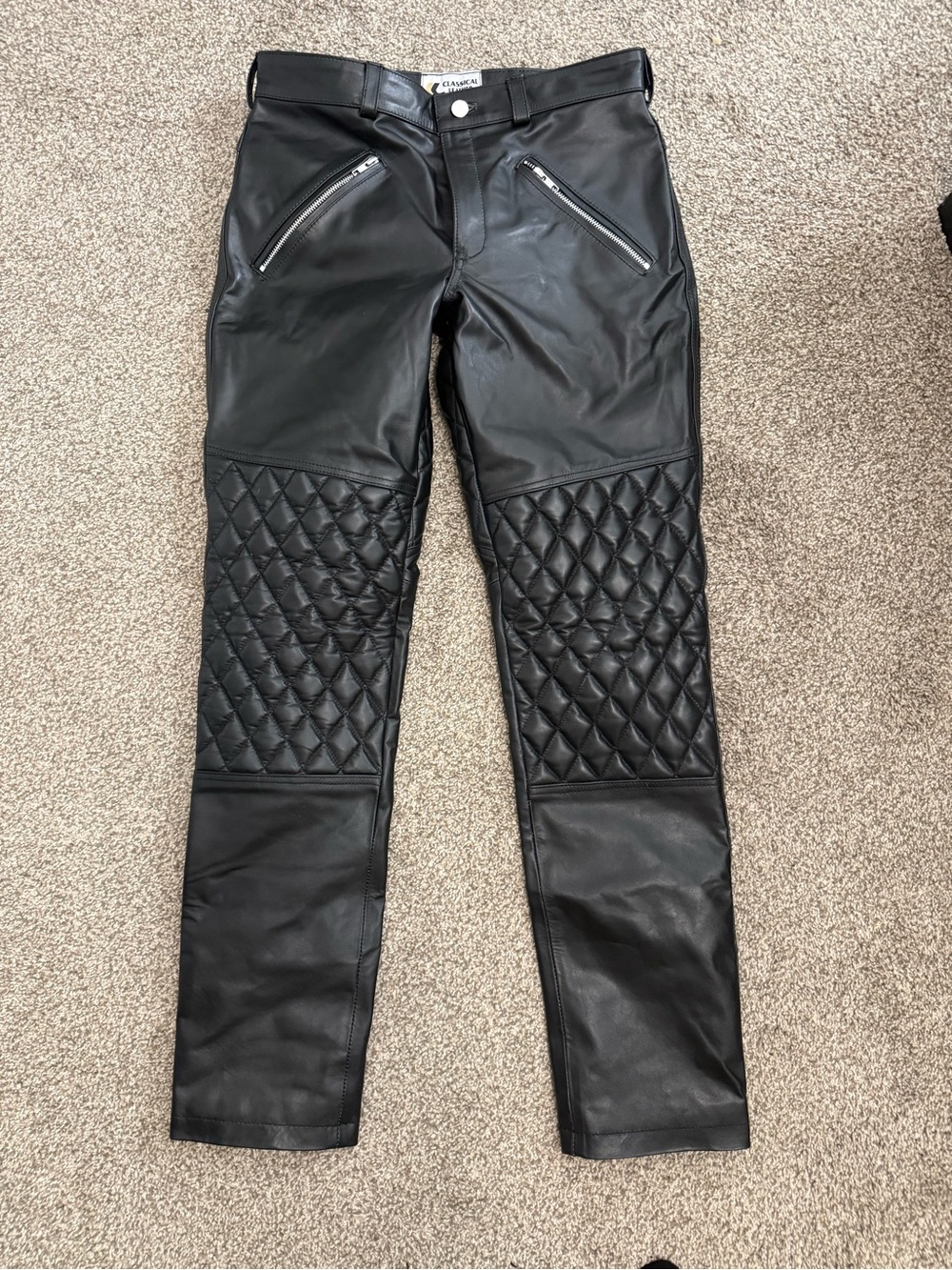 Black Quilted Leather Moto Pants